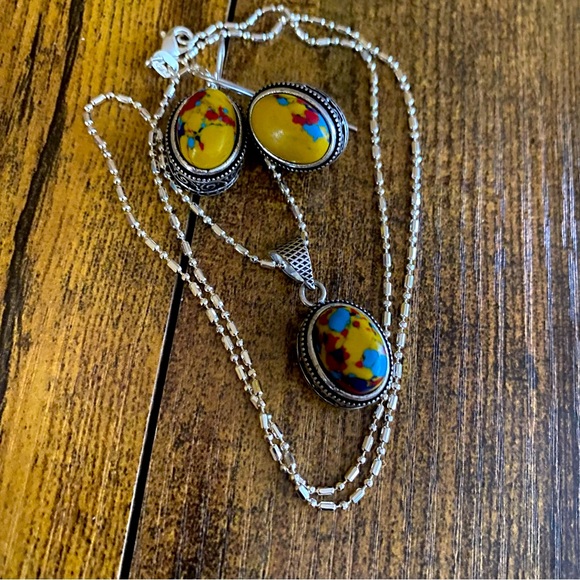 Rainbow Calsilcia Pendant Necklace and Earrings Jewelry Set - Picture 2 of 4